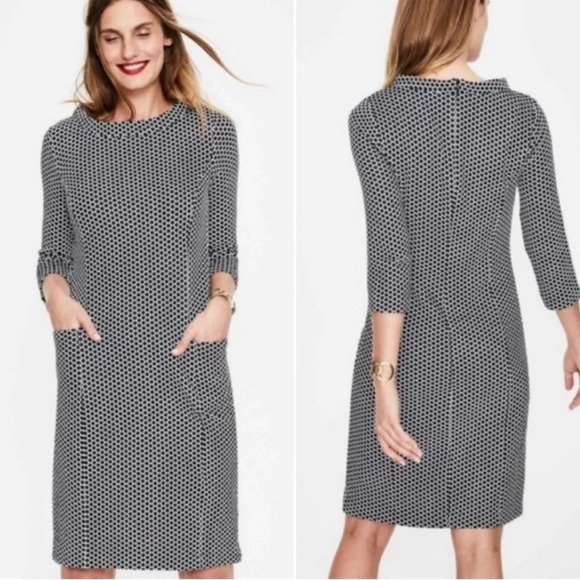 Boden Dresses & Skirts - Boden Sarah Jacquard Hexagon Pattern Navy White Sheeth 3/4 Sleeve Dress Size 6